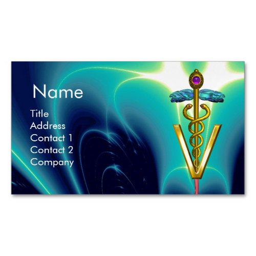 GOLDEN CADUCEUS VETERINARY SYMBOL  Blue Turquoise Magnetic Business Card