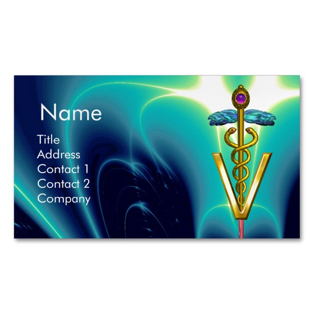 GOLDEN CADUCEUS VETERINARY SYMBOL / Blue Turquoise Magnetic Business Card (Front)