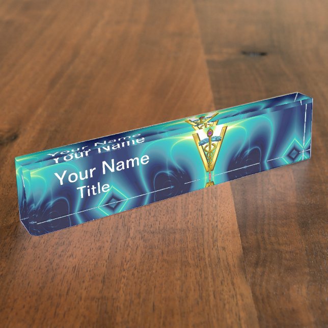 GOLDEN CADUCEUS VETERINARY SYMBOL Blue Turquoise Name Plate (Side)