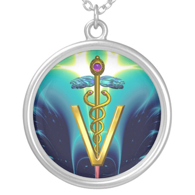 GOLDEN CADUCEUS VETERINARY SYMBOL / Blue Turquoise Silver Plated Necklace (Front)