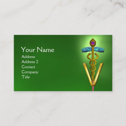 GOLDEN CADUCEUS VETERINARY SYMBOL  Emerald Green Business Card