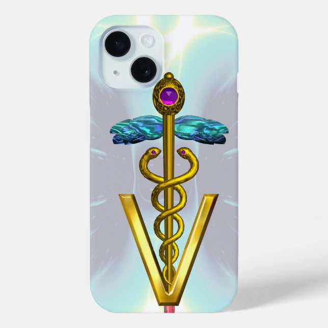 GOLDEN CADUCEUS VETERINARY SYMBOL Light Blue Teal Case-Mate iPhone Case (Back)