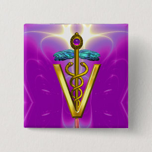 GOLDEN CADUCEUS VETERINARY SYMBOL / Pink Fuchsia Button