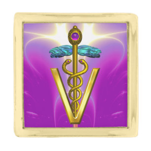 GOLDEN CADUCEUS VETERINARY SYMBOL / Pink Fuchsia Gold Finish Lapel Pin