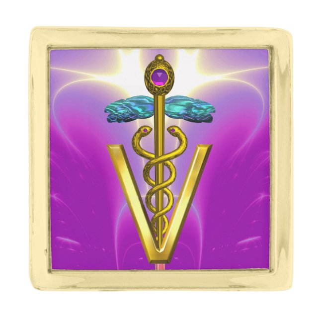 GOLDEN CADUCEUS VETERINARY SYMBOL / Pink Fuchsia Gold Finish Lapel Pin (Front)