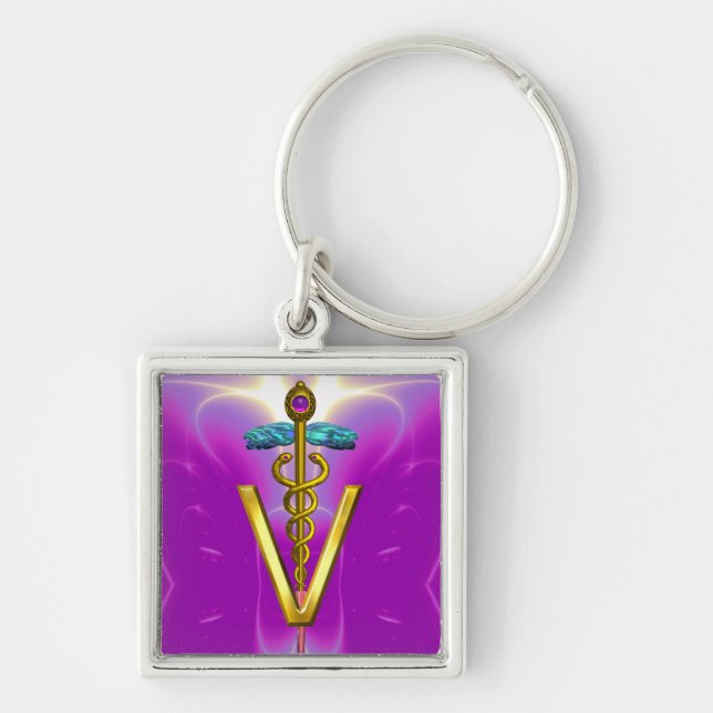 GOLDEN CADUCEUS VETERINARY SYMBOL Pink Fuchsia Keychain (Front)