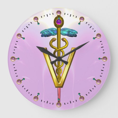 GOLDEN CADUCEUS VETERINARY SYMBOL  Pink Large Clock
