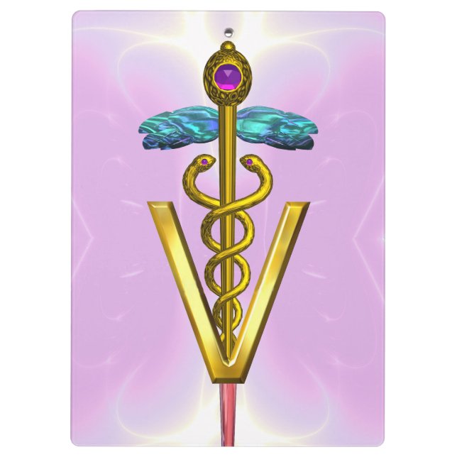 GOLDEN CADUCEUS VETERINARY SYMBOL / Pink Lilac Clipboard (Back)