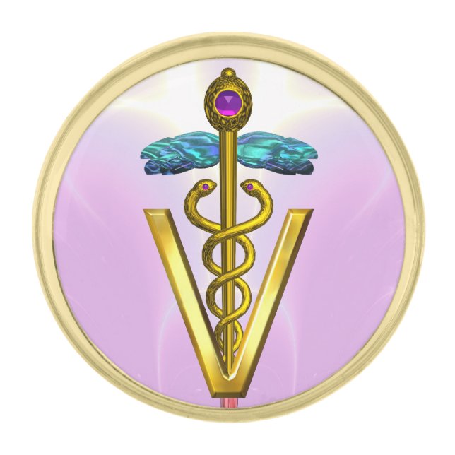 GOLDEN CADUCEUS VETERINARY SYMBOL / Pink Lilac Gold Finish Lapel Pin (Front)