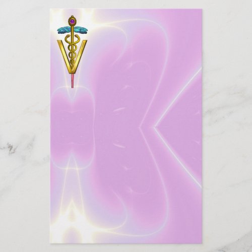 GOLDEN CADUCEUS VETERINARY SYMBOL  Pink Lilac Stationery