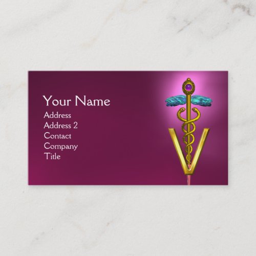 GOLDEN CADUCEUS VETERINARY SYMBOL  Pink Purple Business Card