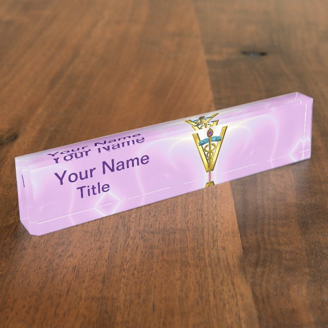 GOLDEN CADUCEUS VETERINARY SYMBOL /Pink White Desk Name Plate (Side)