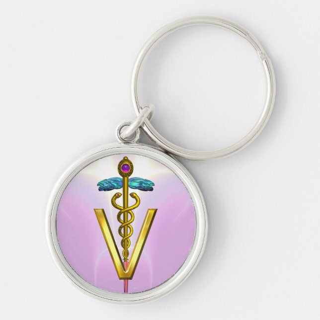 GOLDEN CADUCEUS VETERINARY SYMBOL Pink White Keychain (Front)