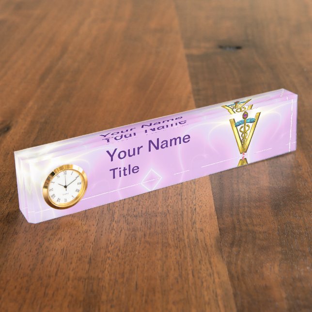 GOLDEN CADUCEUS VETERINARY SYMBOL /Pink White Nameplate (Side)