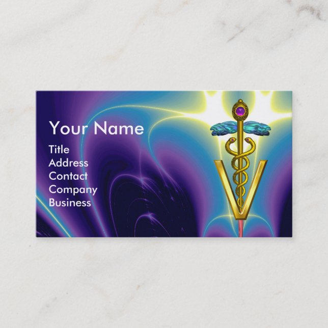 GOLDEN CADUCEUS VETERINARY SYMBOL /Purple Blue Business Card (Front)