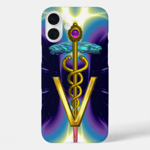 GOLDEN CADUCEUS VETERINARY SYMBOL / Purple Blue iPhone 16 Plus Case