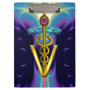 GOLDEN CADUCEUS VETERINARY SYMBOL / Purple Blue Clipboard