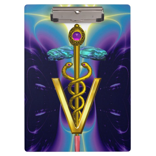 GOLDEN CADUCEUS VETERINARY SYMBOL / Purple Blue Clipboard (Front)