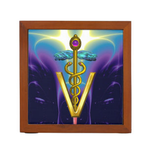 GOLDEN CADUCEUS VETERINARY SYMBOL / Purple Blue Desk Organizer