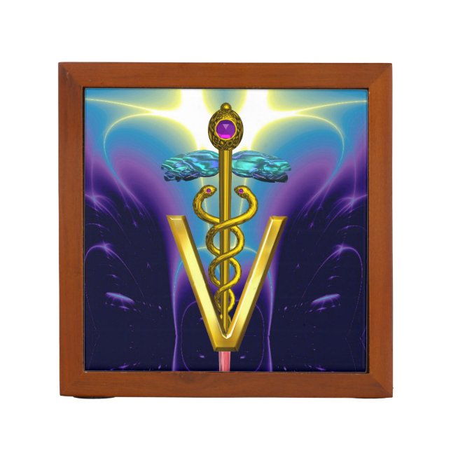 GOLDEN CADUCEUS VETERINARY SYMBOL / Purple Blue Desk Organizer (Front)