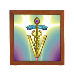 GOLDEN CADUCEUS VETERINARY SYMBOL / Purple Blue Desk Organizer