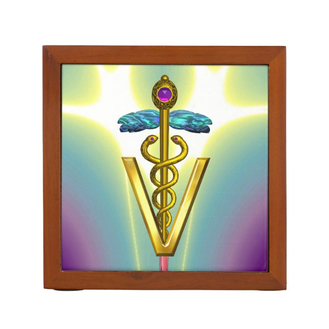 GOLDEN CADUCEUS VETERINARY SYMBOL / Purple Blue Desk Organizer (Front)