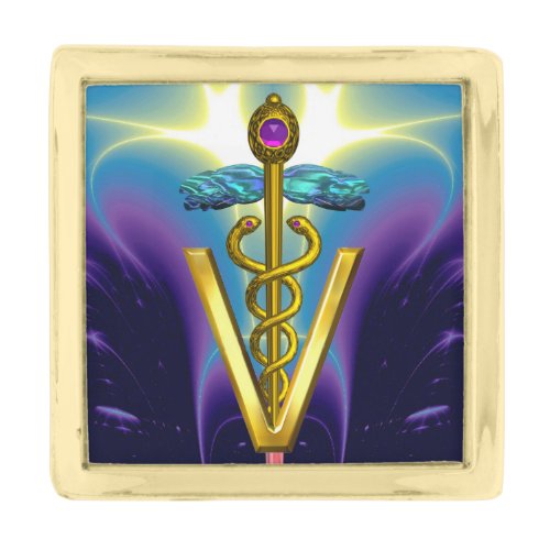 GOLDEN CADUCEUS VETERINARY SYMBOL  Purple Blue Gold Finish Lapel Pin