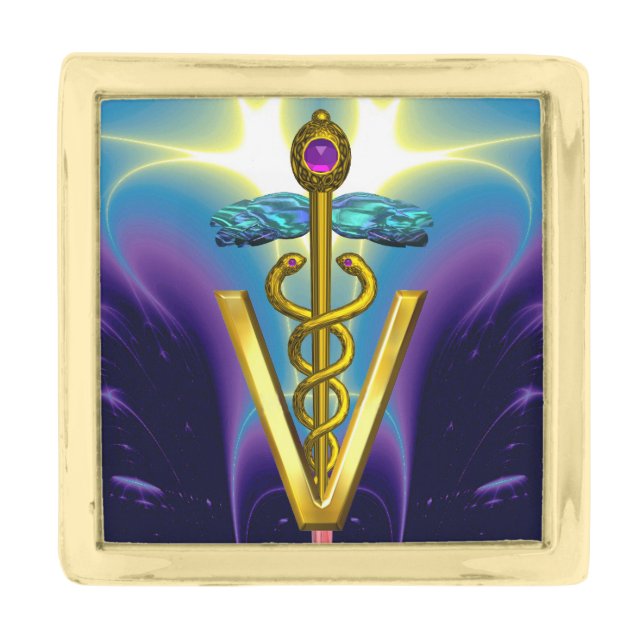 GOLDEN CADUCEUS VETERINARY SYMBOL / Purple Blue Gold Finish Lapel Pin (Front)