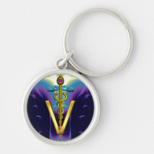 GOLDEN CADUCEUS VETERINARY SYMBOL Purple Blue Keychain