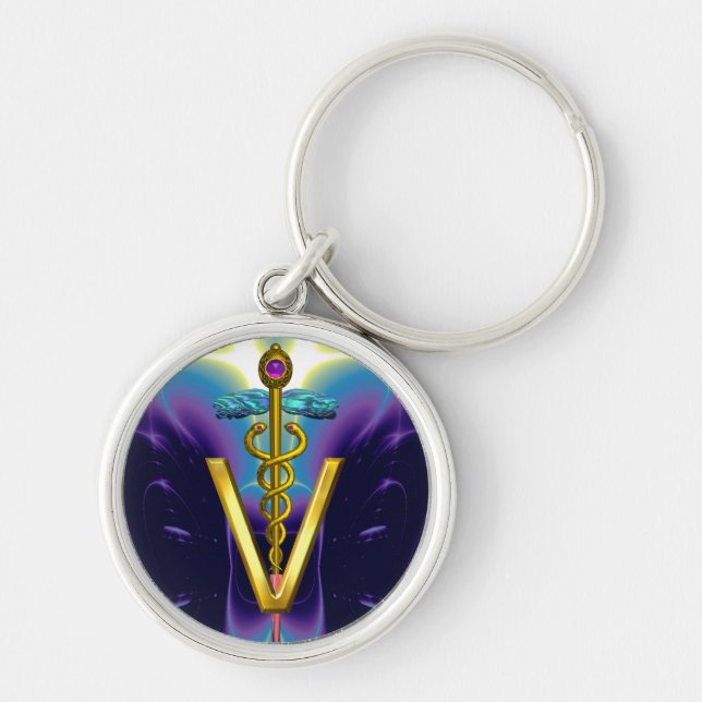 GOLDEN CADUCEUS VETERINARY SYMBOL Purple Blue Keychain (Front)