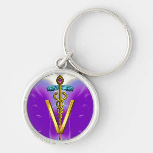 GOLDEN CADUCEUS VETERINARY SYMBOL Purple Blue Keychain