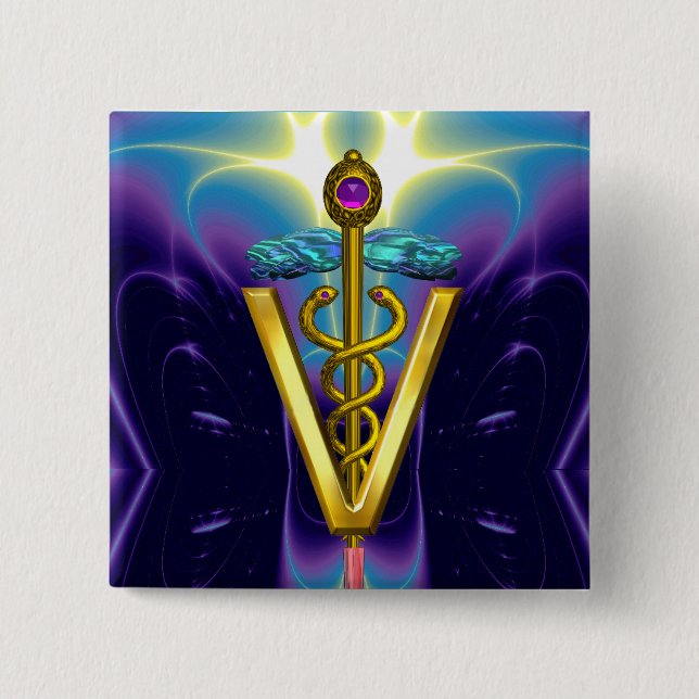GOLDEN CADUCEUS VETERINARY SYMBOL / Purple Blue Pinback Button (Front)