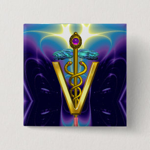 GOLDEN CADUCEUS VETERINARY SYMBOL / Purple Blue Pinback Button