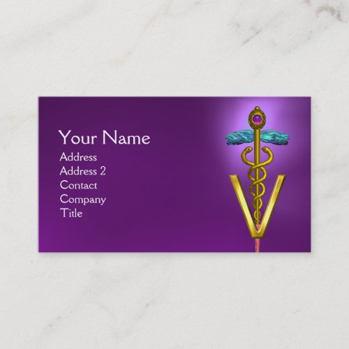 GOLDEN CADUCEUS VETERINARY SYMBOL  Purple Business Card