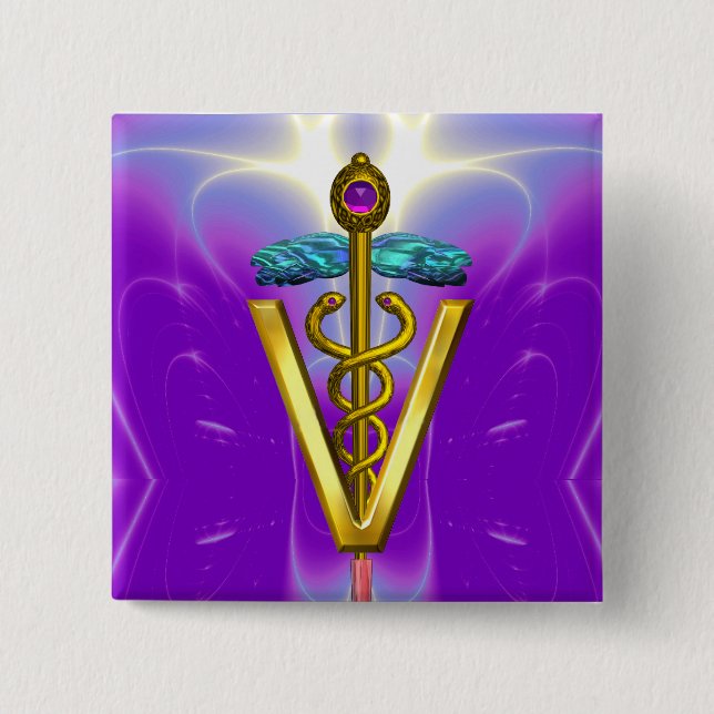 GOLDEN CADUCEUS VETERINARY SYMBOL / Purple Fuchsia Button (Front)