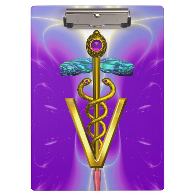 GOLDEN CADUCEUS VETERINARY SYMBOL / Purple Fuchsia Clipboard (Front)