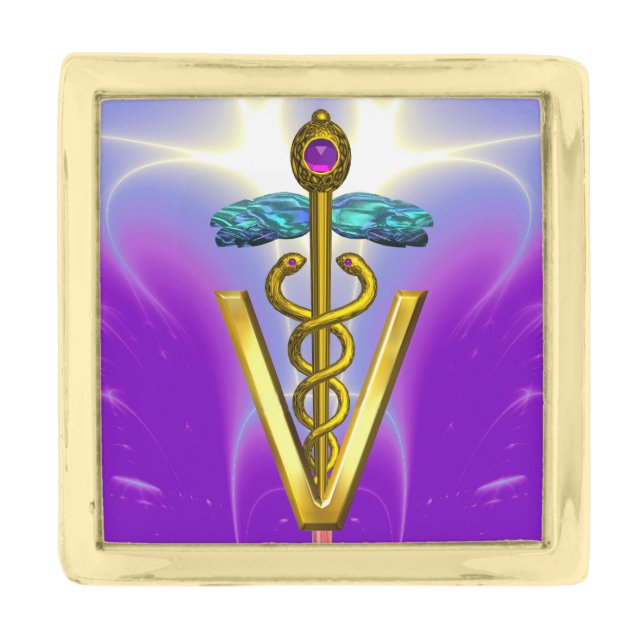 GOLDEN CADUCEUS VETERINARY SYMBOL / Purple Gold Finish Lapel Pin (Front)