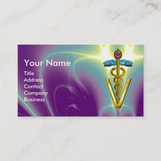 GOLDEN CADUCEUS VETERINARY SYMBOL / Purple Green Business Card (Front)