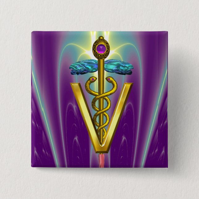 GOLDEN CADUCEUS VETERINARY SYMBOL / Purple Green Button (Front)