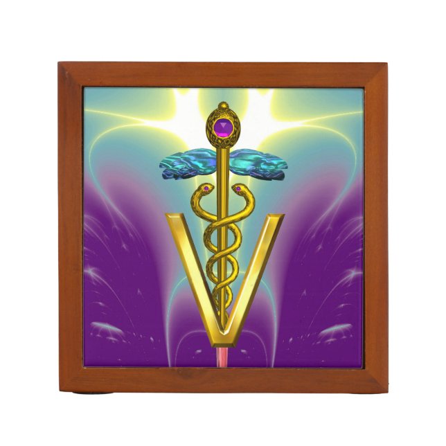 GOLDEN CADUCEUS VETERINARY SYMBOL / Purple Green Desk Organizer (Front)