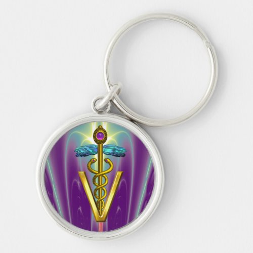 GOLDEN CADUCEUS VETERINARY SYMBOL Purple Green Keychain