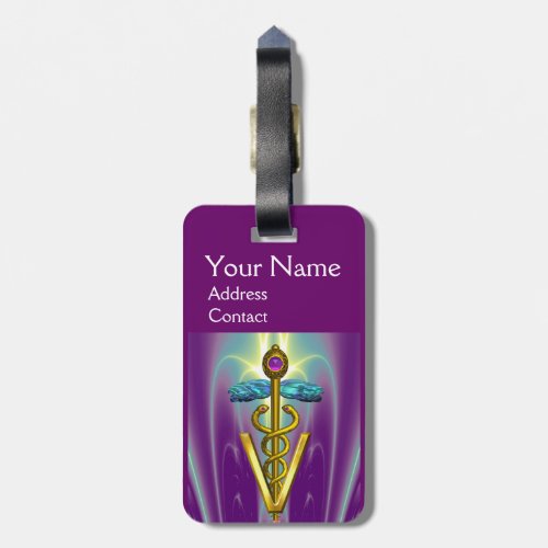 GOLDEN CADUCEUS VETERINARY SYMBOL  Purple Green Luggage Tag