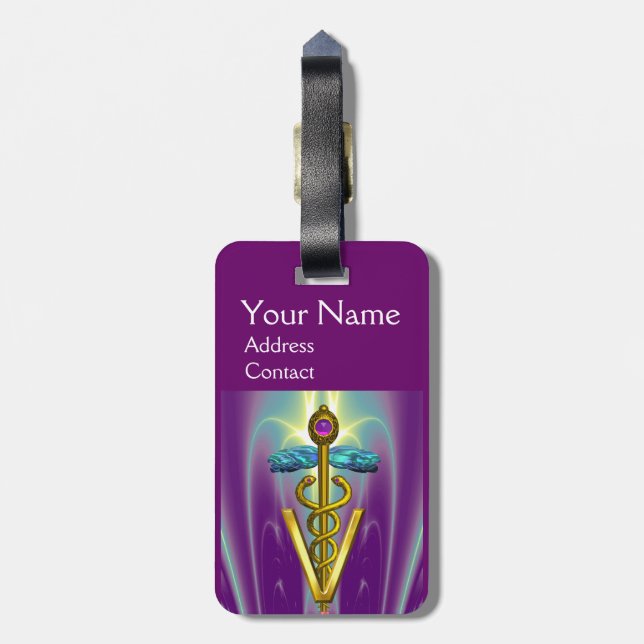 GOLDEN CADUCEUS VETERINARY SYMBOL / Purple Green Luggage Tag (Back Vertical)