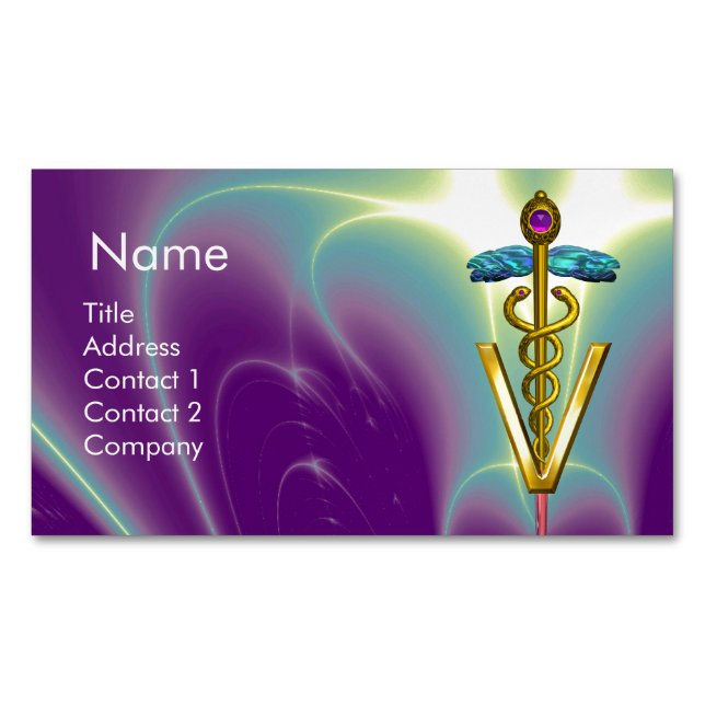 GOLDEN CADUCEUS VETERINARY SYMBOL / Purple Green Magnetic Business Card (Front)