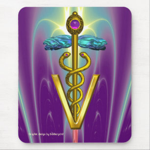 GOLDEN CADUCEUS VETERINARY SYMBOL /  Purple Green Mouse Pad
