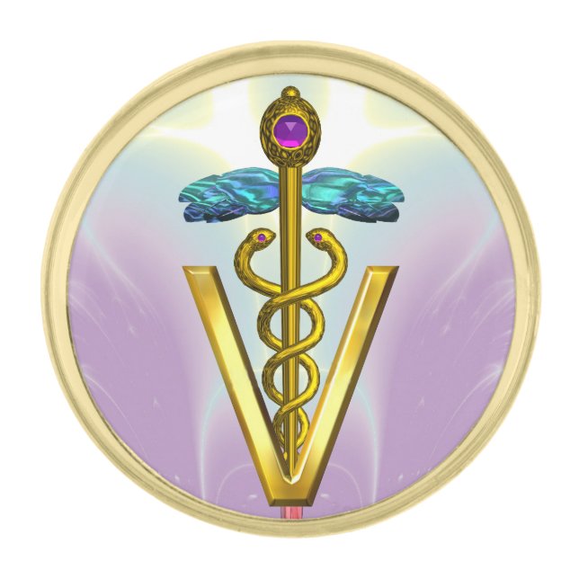 GOLDEN CADUCEUS VETERINARY SYMBOL / Purple Lilac Gold Finish Lapel Pin (Front)