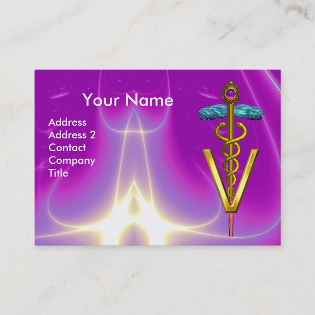 GOLDEN CADUCEUS VETERINARY SYMBOL / Purple Pink Business Card (Front)
