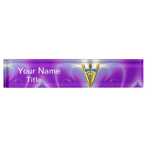 GOLDEN CADUCEUS VETERINARY SYMBOL Purple Teal Blue Desk Name Plate