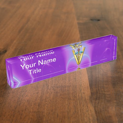 GOLDEN CADUCEUS VETERINARY SYMBOL Purple Teal Blue Name Plate