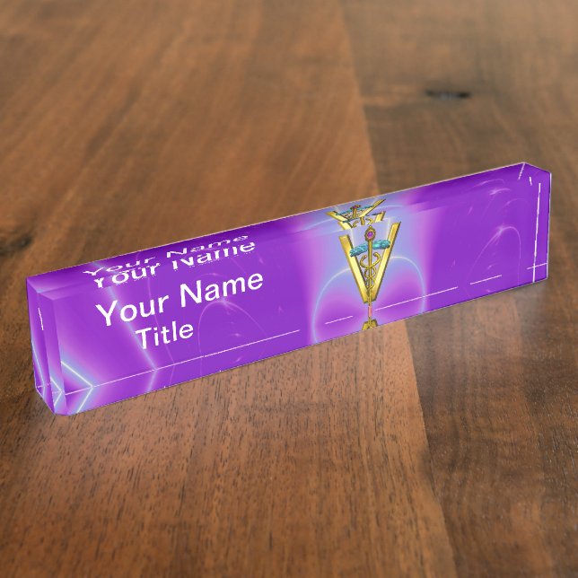 GOLDEN CADUCEUS VETERINARY SYMBOL Purple Teal Blue Name Plate (Side)